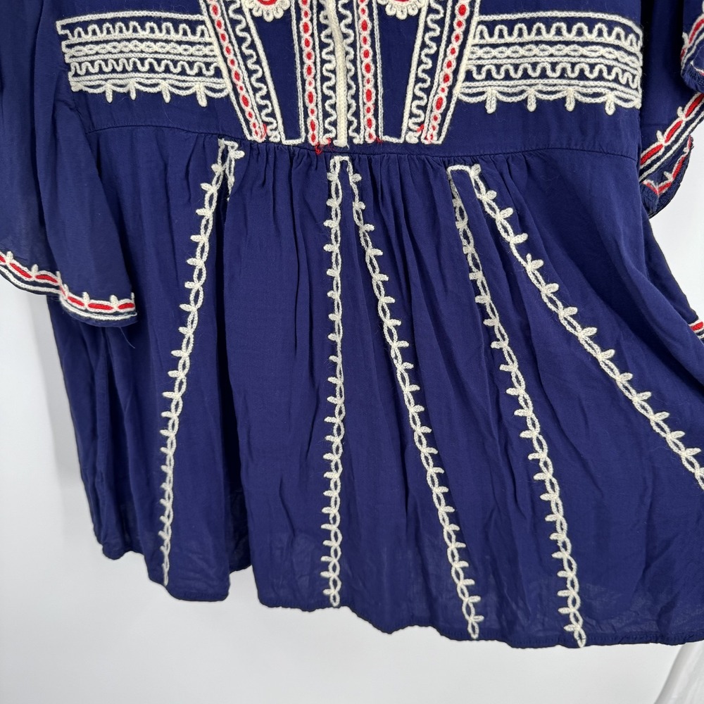 Urban Mangoz Womens Blouse L Navy Blue Embroidered Boho Babydoll Flutter Sleeve - Picture 5 of 8